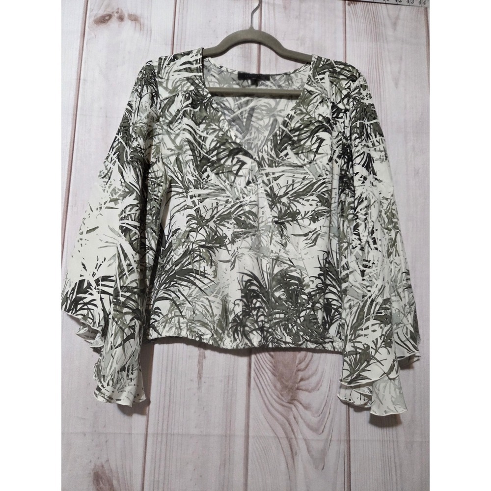Sanctuary Womens Tropical Palm Print Bell Sleeve V-Neck Blouse Green White M